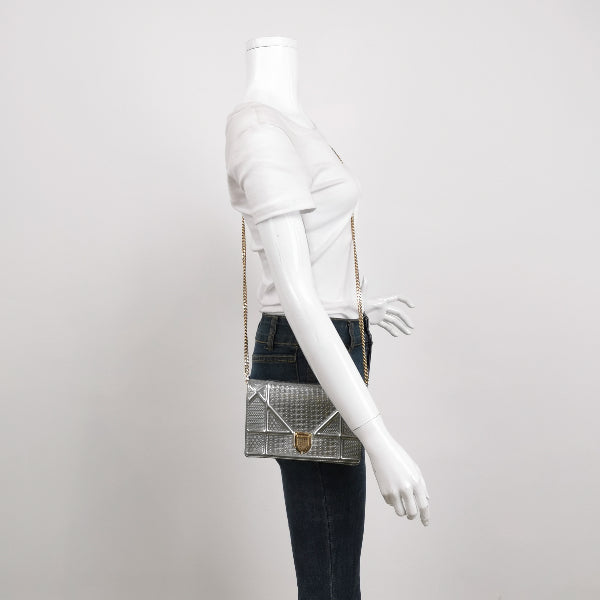 Dior Diorama Wallet on Chain Micro-cannage Silver Metallic Patent Leather Crossbody Bag