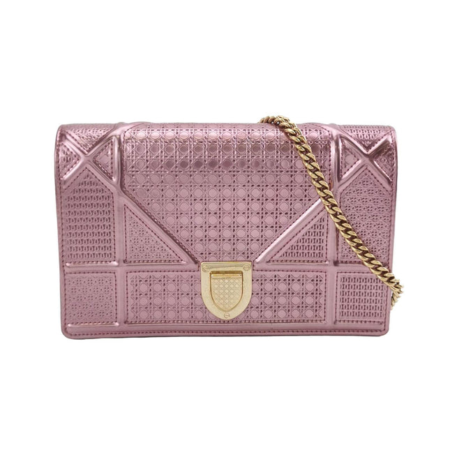 Dior Diorama Wallet on Chain Micro-cannage Pink Metallic Patent Leather Crossbody Bag-Luxbags