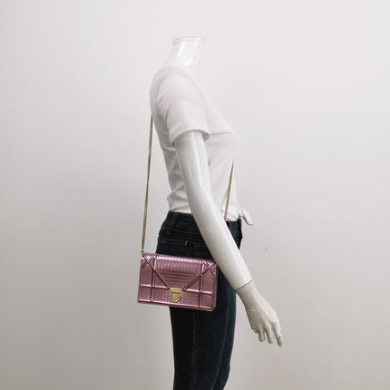 Sold Dior Diorama Wallet on Chain Micro-cannage Pink Metallic Patent Leather Crossbody Bag