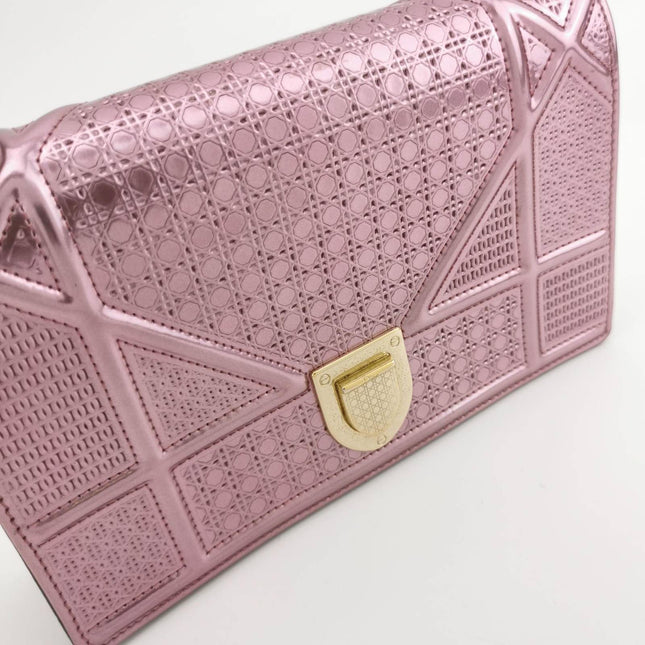 Sold Dior Diorama Wallet on Chain Micro-cannage Pink Metallic Patent Leather Crossbody Bag