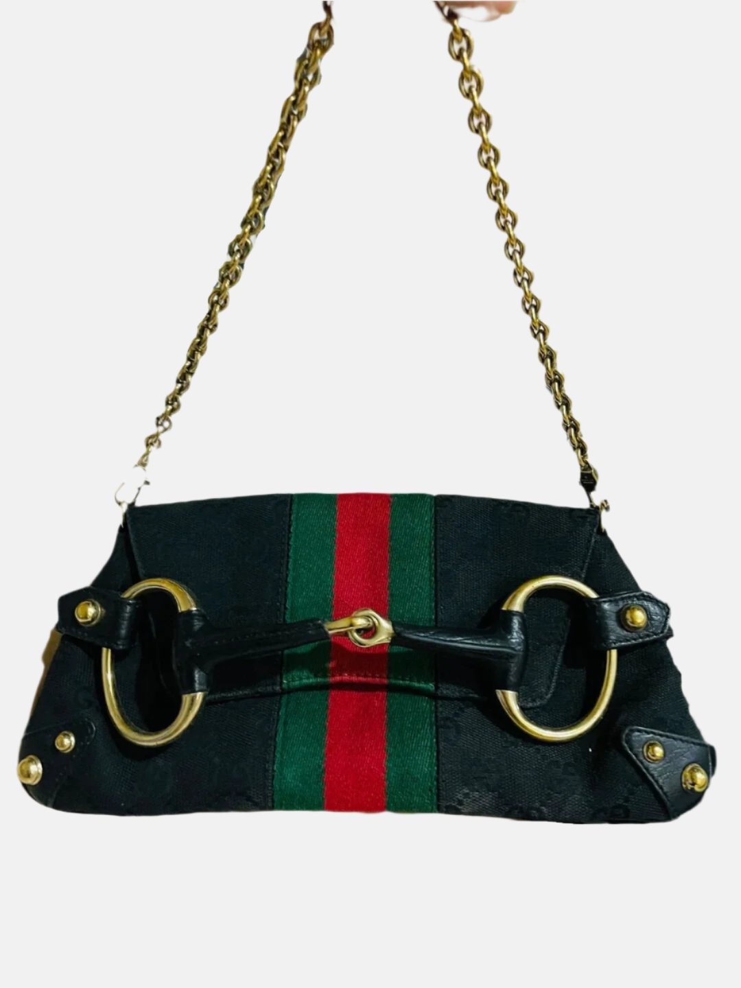 Gucci Horsebit 1955 Chain Cloth Black Gucci Monogram with Iconic Gucci Strip-Luxbags