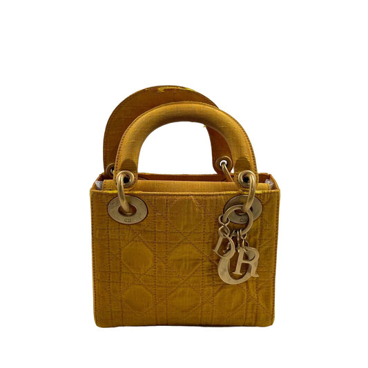 Lady Dior Mini Mustard Yellow Silk Cannage Handbag-Luxbags