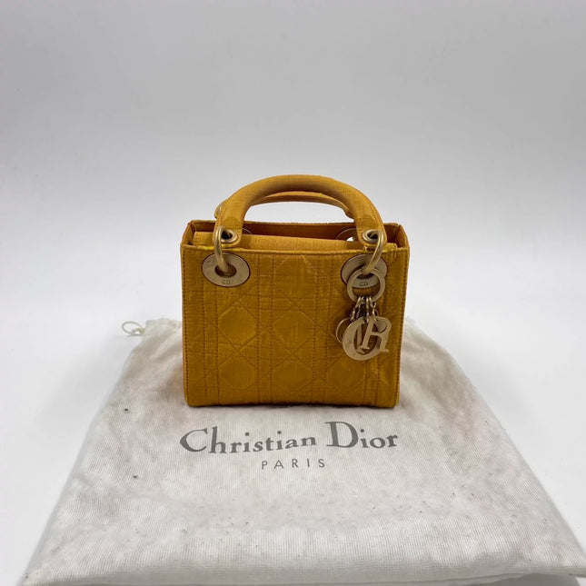 Lady Dior Mini Mustard Yellow Silk Cannage Handbag