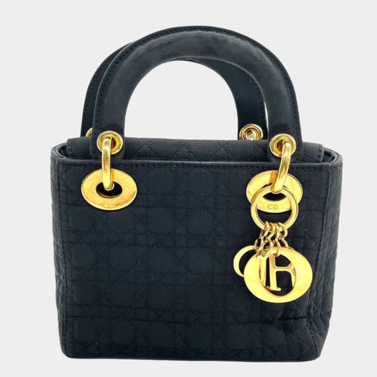 Lady Dior Vintage Mini Black Cloth with Yellow Gold-tone Hardware-Luxbags