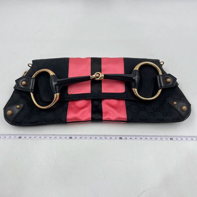 Sold Gucci Horsebit 1955 Chain Large Shoulder Bag Black Monogram with Pink Silk