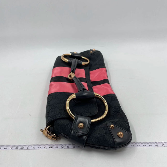 Sold Gucci Horsebit 1955 Chain Large Shoulder Bag Black Monogram with Pink Silk
