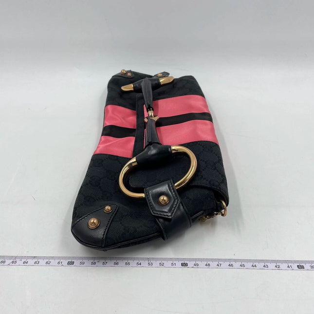 Sold Gucci Horsebit 1955 Chain Large Shoulder Bag Black Monogram with Pink Silk