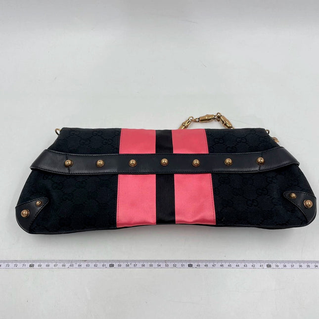 Sold Gucci Horsebit 1955 Chain Large Shoulder Bag Black Monogram with Pink Silk