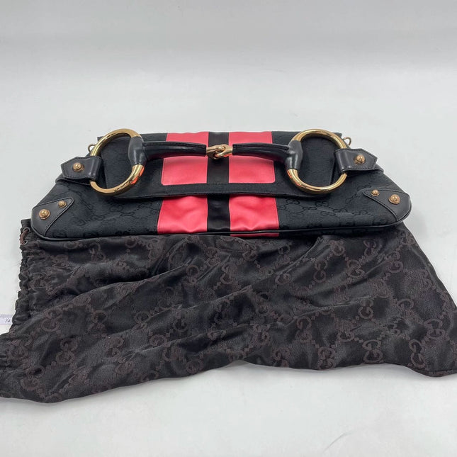 Sold Gucci Horsebit 1955 Chain Large Shoulder Bag Black Monogram with Pink Silk