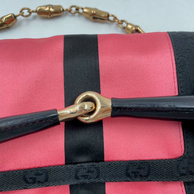 Sold Gucci Horsebit 1955 Chain Large Shoulder Bag Black Monogram with Pink Silk