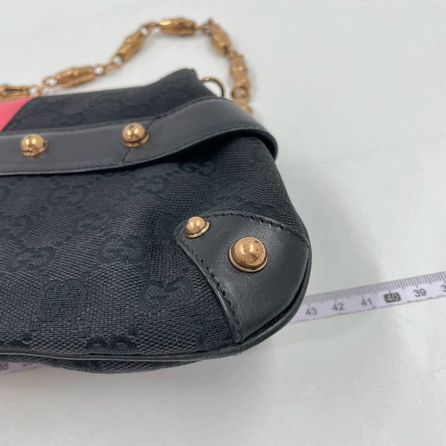 Sold Gucci Horsebit 1955 Chain Large Shoulder Bag Black Monogram with Pink Silk