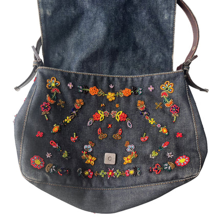 FENDI Mamma Baguette Blue Denim with Floral Beads