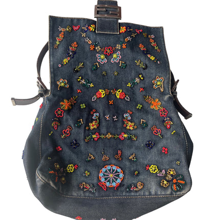 FENDI Mamma Baguette Blue Denim with Floral Beads