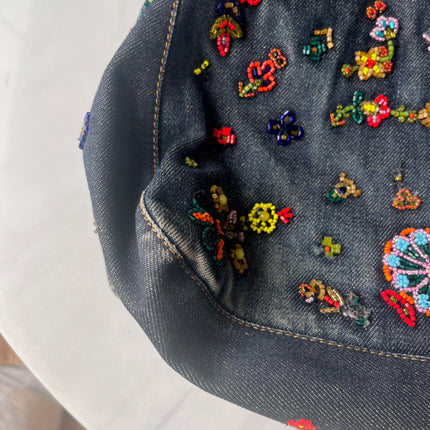 FENDI Mamma Baguette Blue Denim with Floral Beads