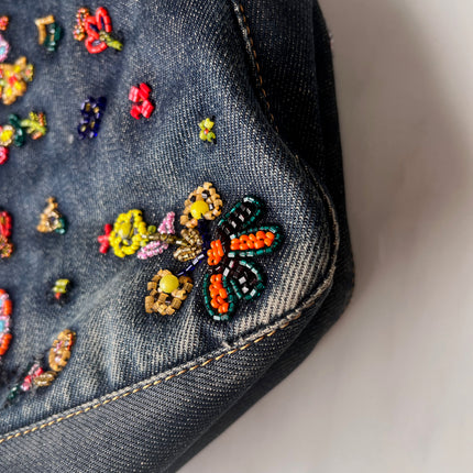 FENDI Mamma Baguette Blue Denim with Floral Beads