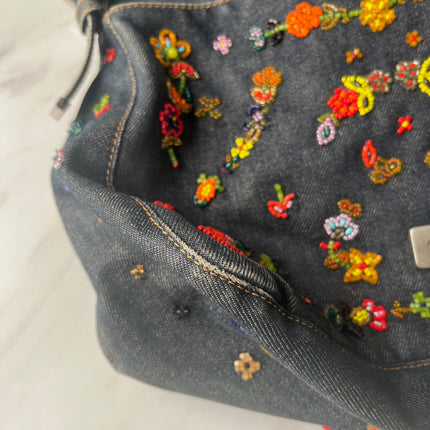 FENDI Mamma Baguette Blue Denim with Floral Beads