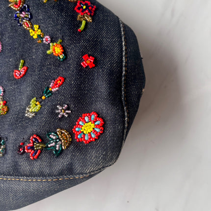 FENDI Mamma Baguette Blue Denim with Floral Beads