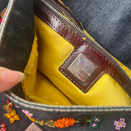 FENDI Mamma Baguette Blue Denim with Floral Beads