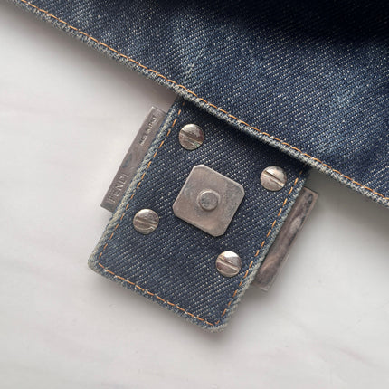 FENDI Mamma Baguette Blue Denim with Floral Beads