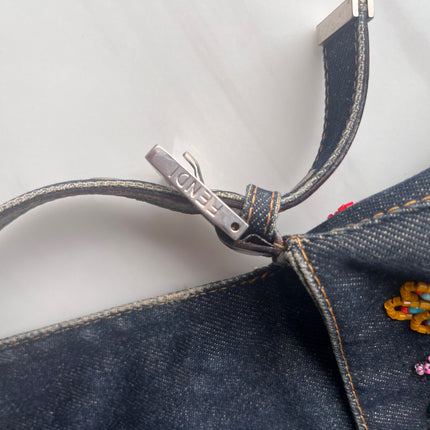 FENDI Mamma Baguette Blue Denim with Floral Beads