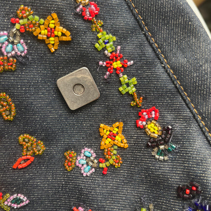 FENDI Mamma Baguette Blue Denim with Floral Beads