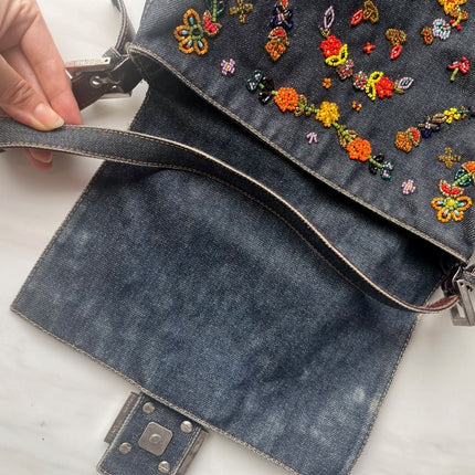 FENDI Mamma Baguette Blue Denim with Floral Beads