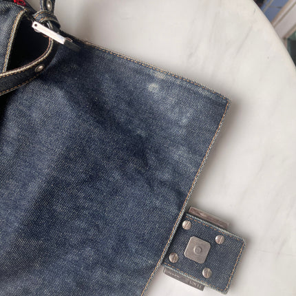 FENDI Mamma Baguette Blue Denim with Floral Beads