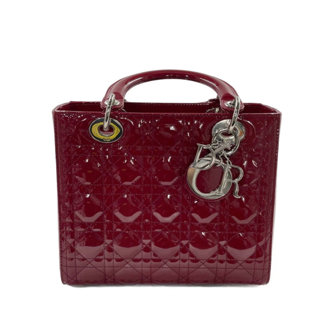 Lady Dior Medium Burgundy Patent Leather Handbag Silver Hardware-Luxbags