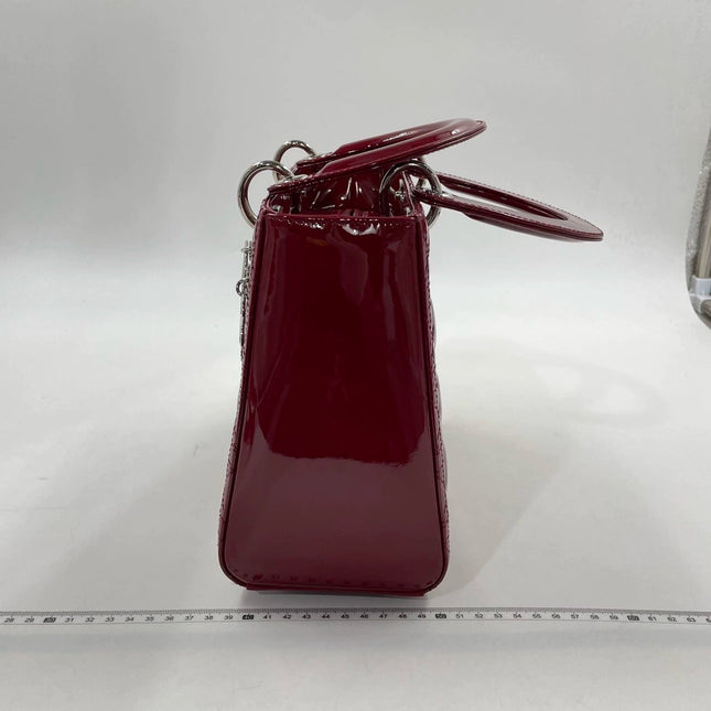 Sold Lady Dior Medium Burgundy Patent Leather Handbag Silver Hardware