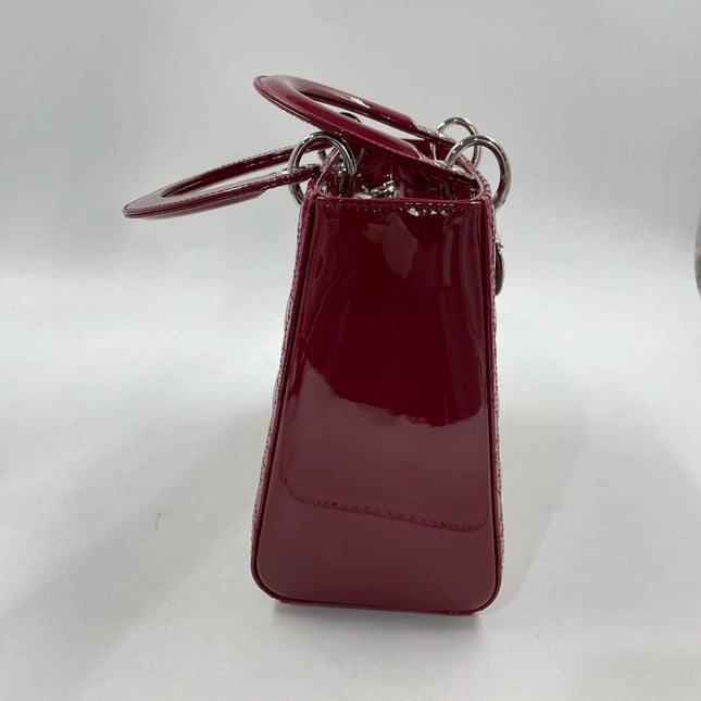 Sold Lady Dior Medium Burgundy Patent Leather Handbag Silver Hardware