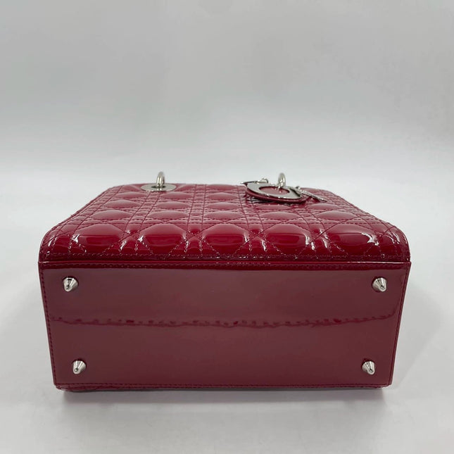 Sold Lady Dior Medium Burgundy Patent Leather Handbag Silver Hardware