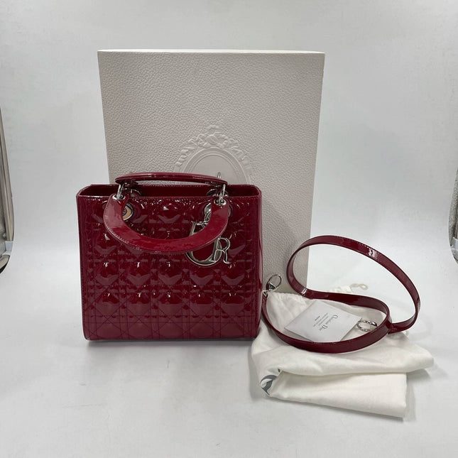 Sold Lady Dior Medium Burgundy Patent Leather Handbag Silver Hardware