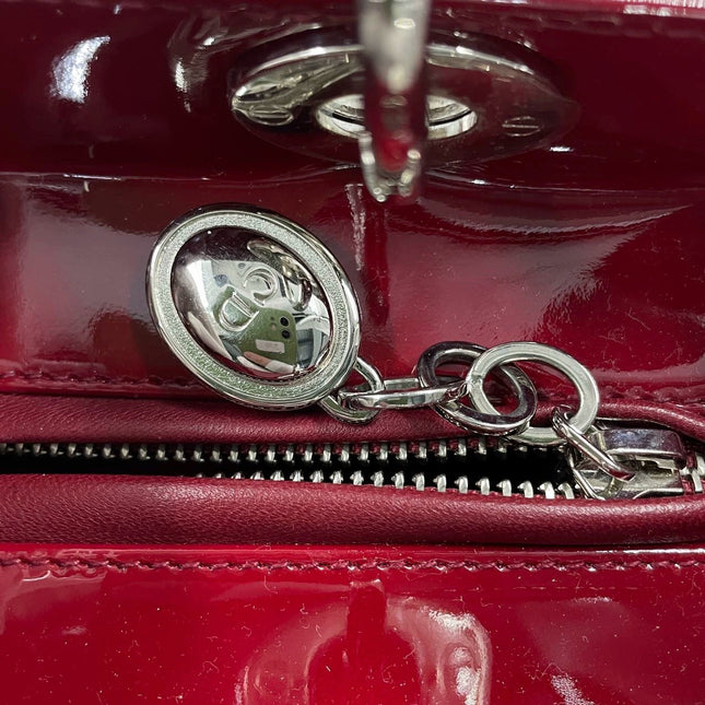 Sold Lady Dior Medium Burgundy Patent Leather Handbag Silver Hardware