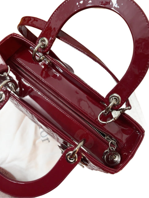 Sold Lady Dior Medium Burgundy Patent Leather Handbag Silver Hardware