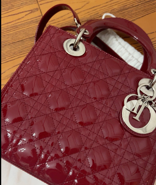 Sold Lady Dior Medium Burgundy Patent Leather Handbag Silver Hardware
