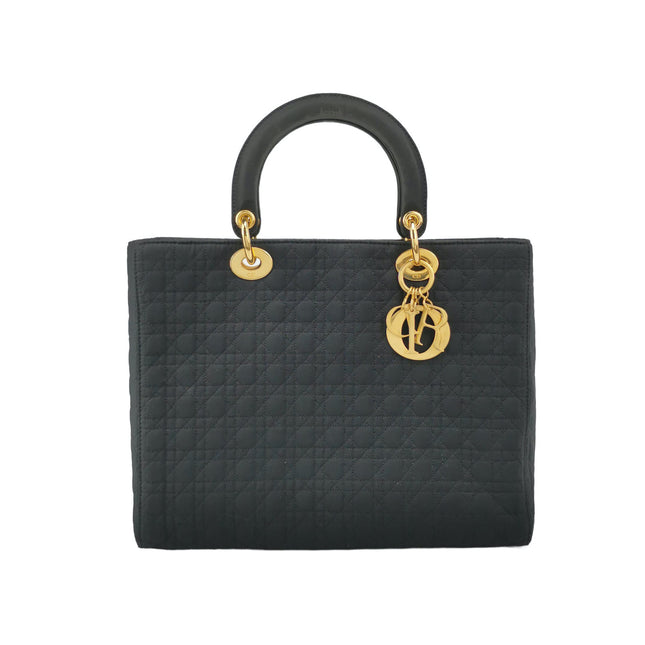 Lady Dior Vintage Large Black Cloth with Yellow Gold-tone Hardware-Luxbags