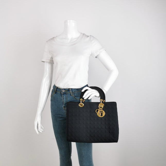 Sold Lady Dior Vintage Large Black Cloth with Yellow Gold-tone Hardware