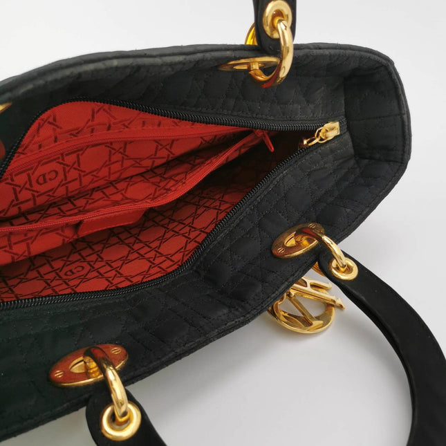 Sold Lady Dior Vintage Large Black Cloth with Yellow Gold-tone Hardware