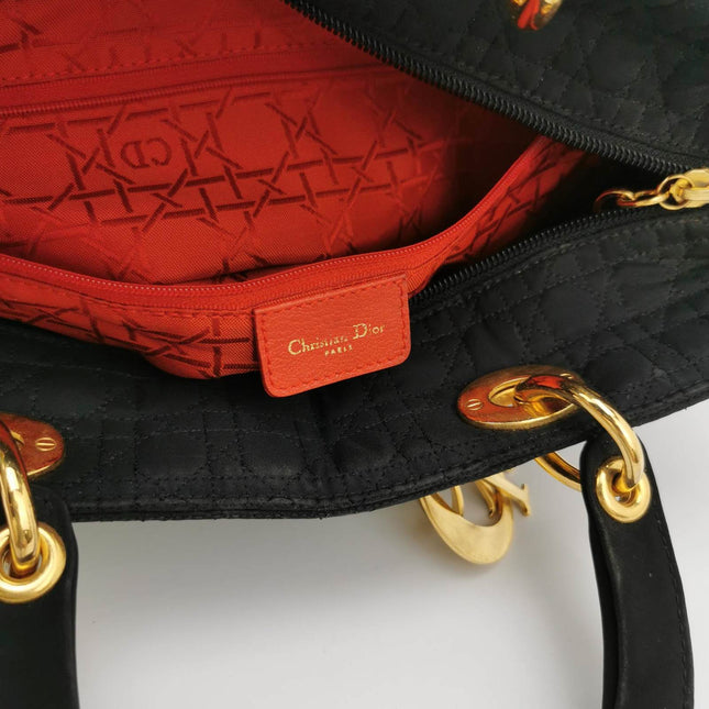 Sold Lady Dior Vintage Large Black Cloth with Yellow Gold-tone Hardware