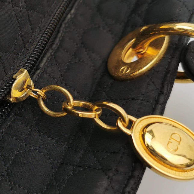 Sold Lady Dior Vintage Large Black Cloth with Yellow Gold-tone Hardware