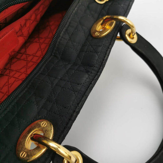 Sold Lady Dior Vintage Large Black Cloth with Yellow Gold-tone Hardware