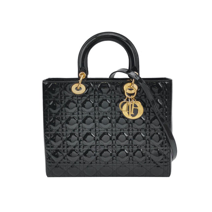 Lady Dior Large Black Patent Leather Handbag with Strap-Luxbags