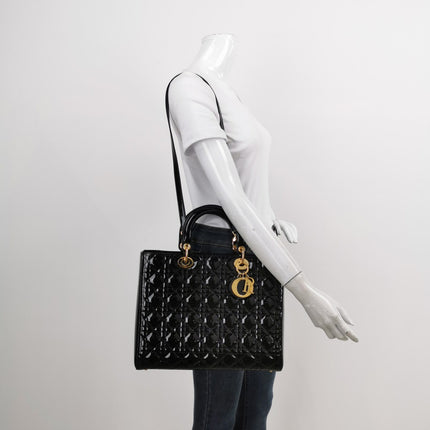 Sold Lady Dior Large Black Patent Leather Handbag with Strap