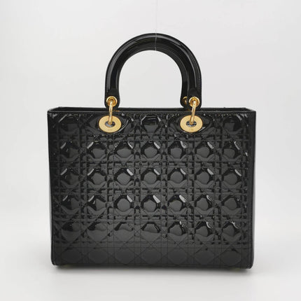 Sold Lady Dior Large Black Patent Leather Handbag with Strap