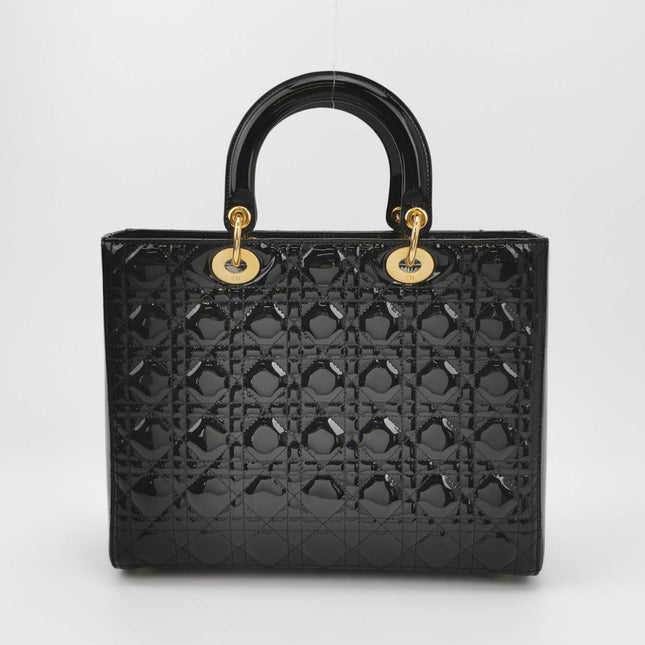 Sold Lady Dior Large Black Patent Leather Handbag with Strap