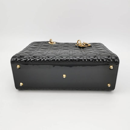 Sold Lady Dior Large Black Patent Leather Handbag with Strap
