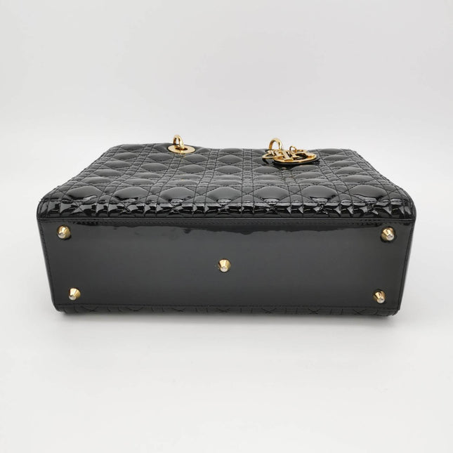 Sold Lady Dior Large Black Patent Leather Handbag with Strap