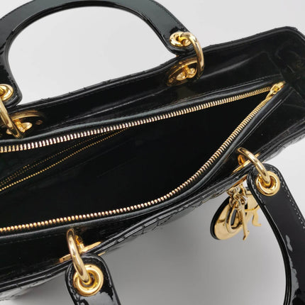 Sold Lady Dior Large Black Patent Leather Handbag with Strap