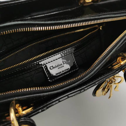 Sold Lady Dior Large Black Patent Leather Handbag with Strap