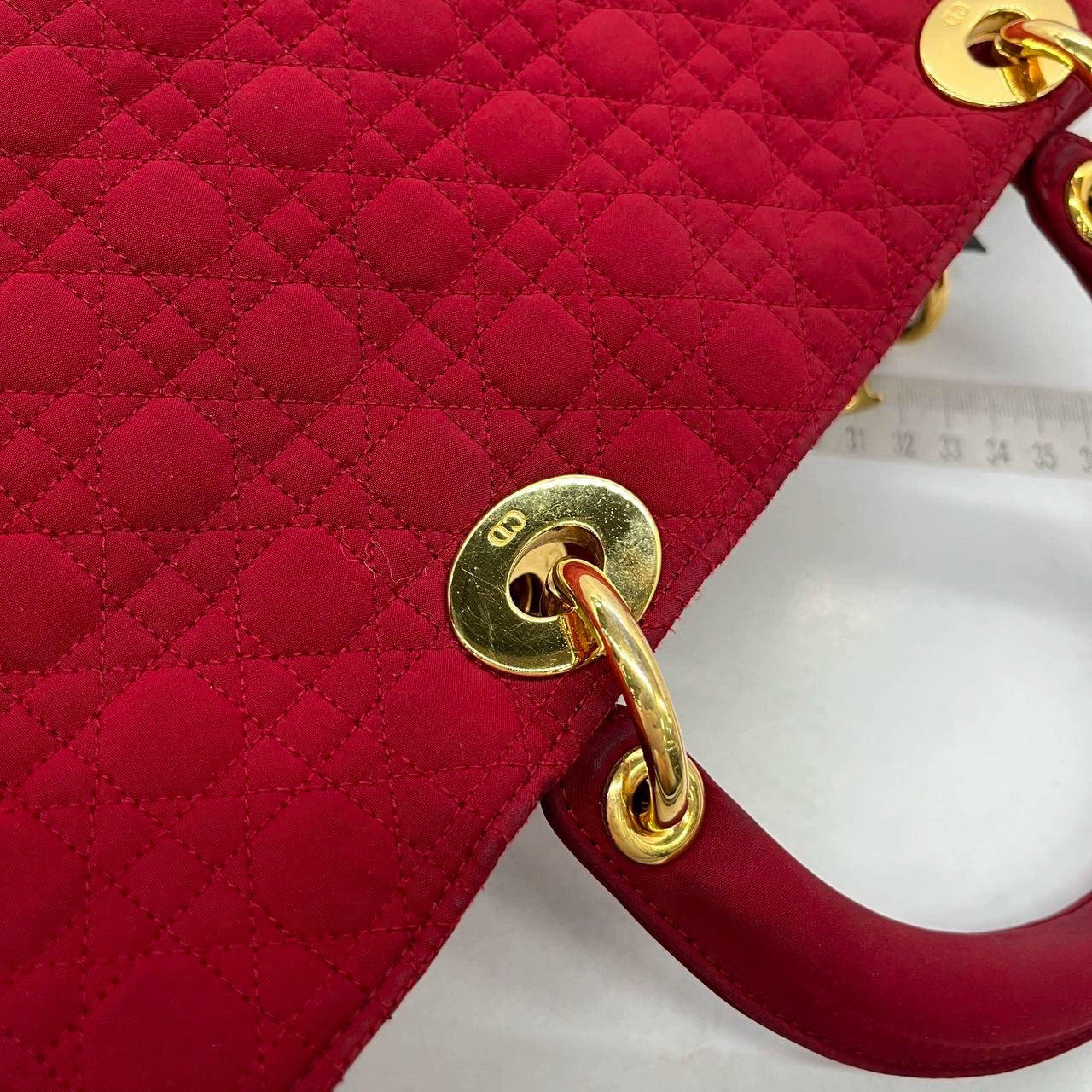 Lady Dior Vintage Large Burgundy Cloth with Yellow Gold-tone Hardware